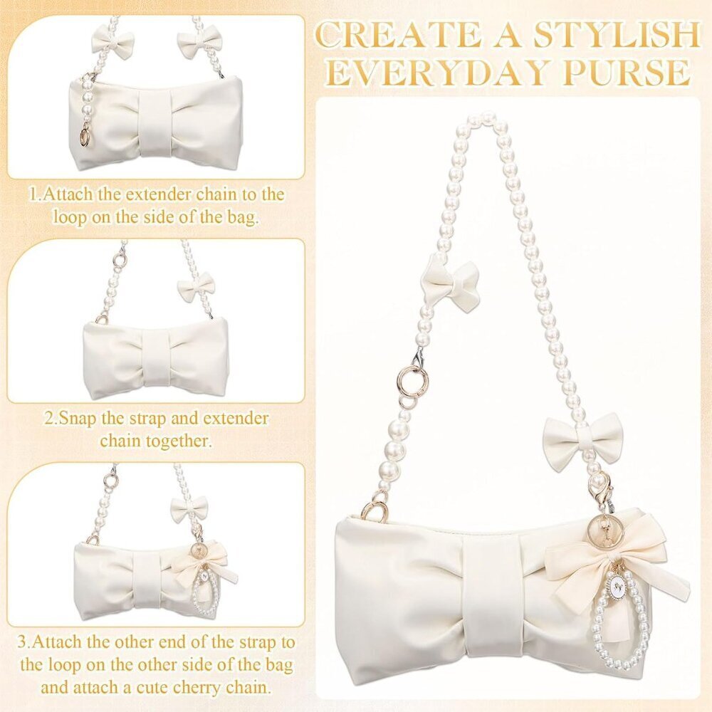 Pearl Bow Leather Crossbody Purse with Extenders for Women Elegant Gift - Picture 4 of 6
